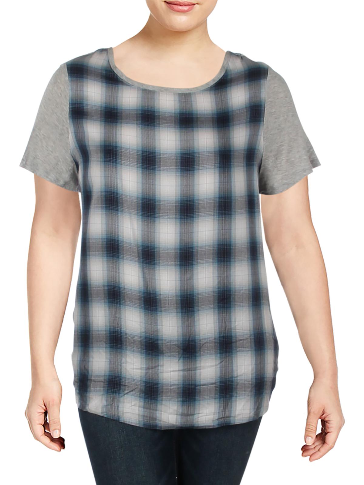 Vince Camuto Womens Plus Plaid Crewneck T-Shirt Blue 1X